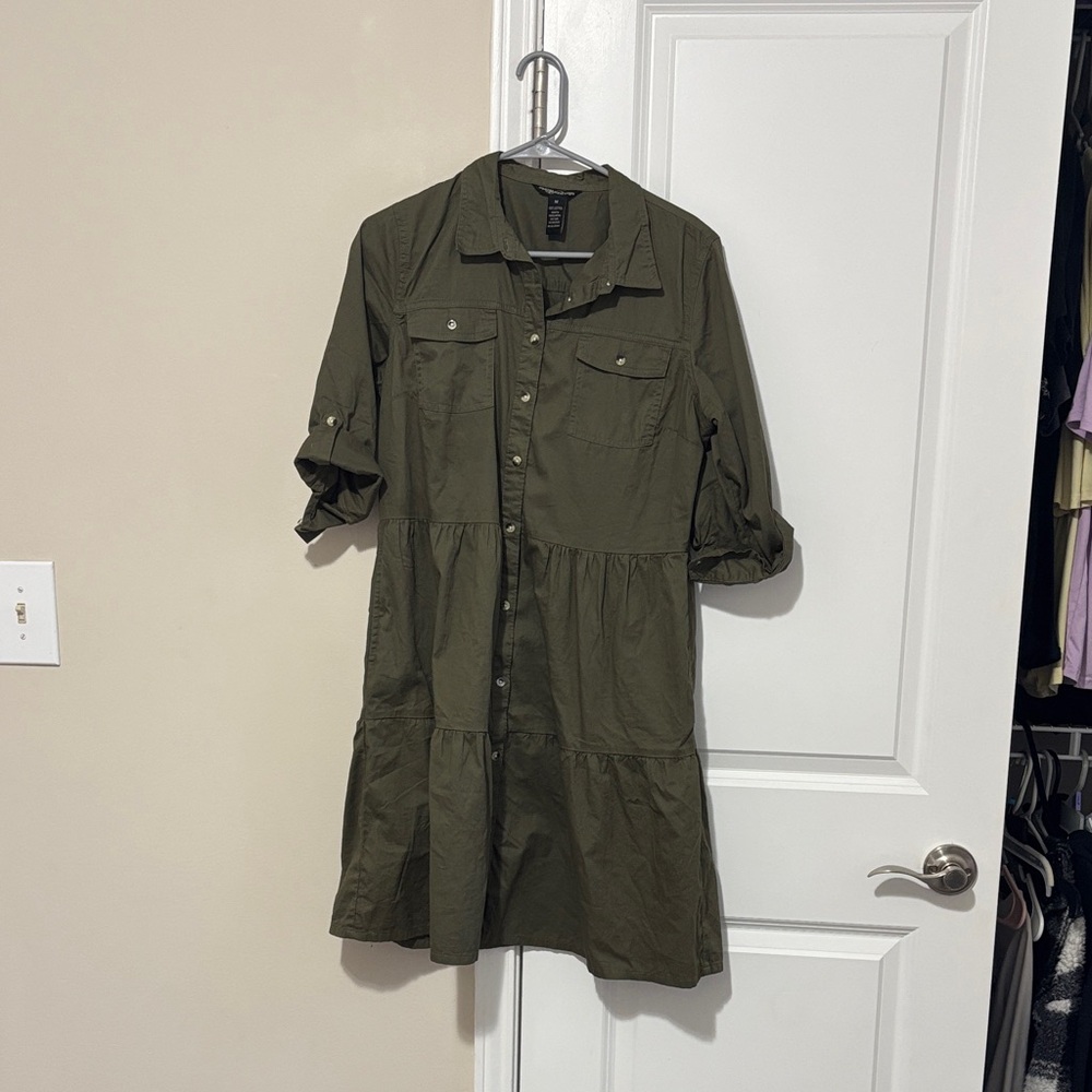 Olive Green Button-Up Shirt Dress